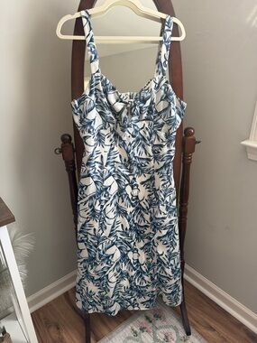 Lulu's White Midi Dress with Blue Tropical Leaf Print